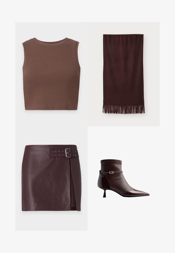 Crna kožna jakna s prednjim patentnim zatvaračem, oštrim ovratnikom i elastičnim manžetama. Ima dva bočna džepa i glatku, sjajnu površinu.; Smeđi rebrasti bezrukavni crop top s okruglim izrezom. Glatka tekstura i prilagodljiv oblik naglašavaju jednostavnost u dizajnu.; Bordo umjetna kožna suknja s pojasom i metalnom kopčom, s bočnim prorezom i glatkom, poliranom teksturom.; Smeđa kožna čizme do članaka s šiljastim prstom, malom kitten petom i tankim remenom s malim zlatnim kopčanjem oko članka.; Bordo šal od mekog materijala, s glatkom teksturom i dugim resicama na rubu za dodatne detalje. Pravokutnog oblika, lijepo pada.; Pepe Jeans GRACEY - Ručna torba - burgundy red