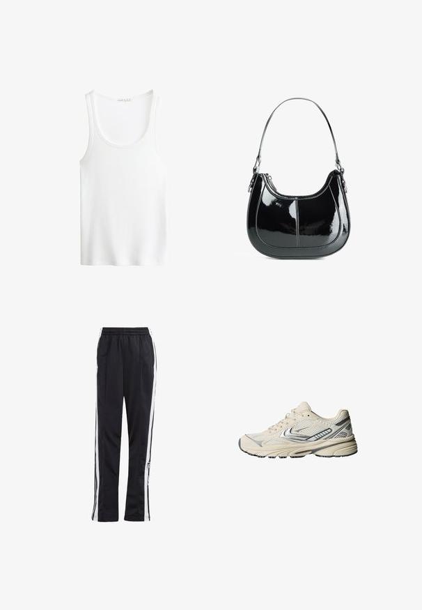 Čierna kožená bunda s predným zipsom, špicatým golierom a elastickými manžetami. Obsahuje dva bočné vrecká a hladký, lesklý povrch.; Biely rebrovaný top s okrúhlym výstrihom a širokými ramienkami. Mäkká textúra látky a prešívané okraje. Jednoduchý, priliehavý strih.; Čierne tepláky so bielymi bočnými pruhmi, elastickým pásom a logom. Vyrobené z hladkej, ľahkej tkaniny. Rovný strih.; Atletická obuv krémovej farby s vrchnou časťou z oka, striebornými detailmi a textúrovanou gumovou podrážkou. Navrhnutá pre pohodlie a stabilitu.; Čierna lakovaná kožená kabelka s zakriveným dizajnom, so zipsovým zapínaním a jedným ramenným popruhom, ktorý má strieborné kovanie a akcenty šitia.