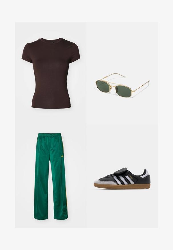 Crna kožna jakna s prednjim patentnim zatvaračem, oštrim ovratnikom i elastičnim manžetama. Ima dva bočna džepa i glatku, sjajnu površinu.; Smeđa majica s kratkim rukavima s okruglim izrezom, izrađena od glatkog, laganog materijala, s prilagođenim oblikom i bez vidljivih uzoraka.; Zelene satenice sportske hlače sa opuštenim krojem, s žutim prugama i izvezenim logotipom s lijeve strane. Elastična pojas.; Crne kožne i sive nubuk tenisice s bijelim prugama, gumeni potplat, vezivanje sprijeda i Velcro remen. Sadrži "Samba" brendiranje u zlatnoj boji.; Zlatne metalne sunčane naočale s zelenim lećama, s kutnim oblikom i tankim rukama. Dizajn uključuje tanak okvir i suptilno brendiranje na lećama.