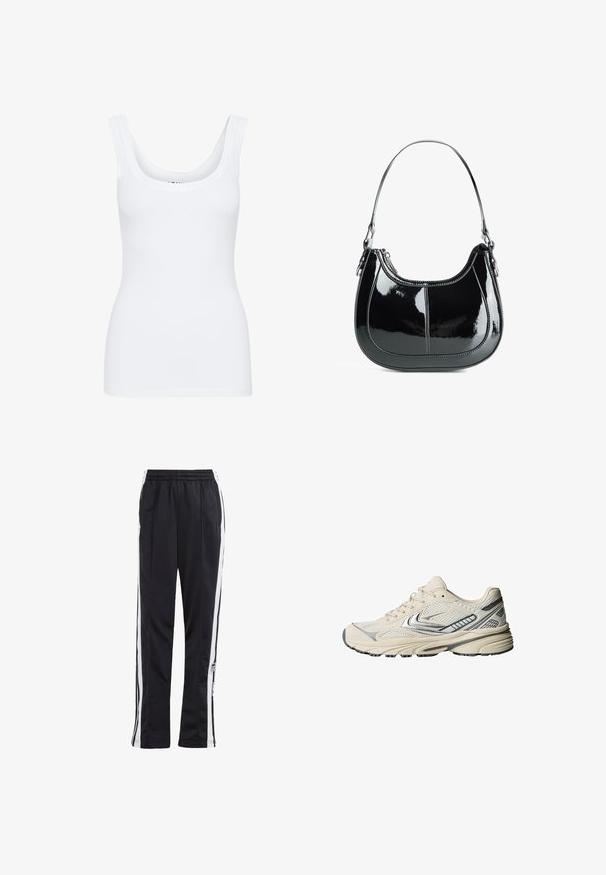 Mustat nahkatakki, jossa on vetoketjulukko edessä, kärkipolvi ja elastisoidut hihansuut. Ominaisuuksiin kuuluu kaksi sivutaskua ja sileä, kiiltävä pinta.; Valkoinen hihaton paita, jossa on avara kaula-aukko, leveät olkainhihnat ja istuva muotoilu, valmistettu sileästä ja joustavasta kankaasta.; Mustat urheiluhousut valkoisilla sivupinnoilla, joustava vyötärö ja logopainatus. Valmistettu sileästä, kevyestä kankaasta. Suora lahkeiden muoto.; Kermanvärinen urheilukenkä, jossa hengittävä verkkopäällinen, hopeanväriset yksityiskohdat ja kuvioitu kumipohja. Suunniteltu mukavuuden ja vakauden takaamiseksi.; Mustan kiiltävän nahkaista käsilaukkua, jossa on kaareva muotoilu, vetoketjusuljenta ja yksi olkahihna, jossa on hopean sävyistä metallia ja ompelucornalluksia.