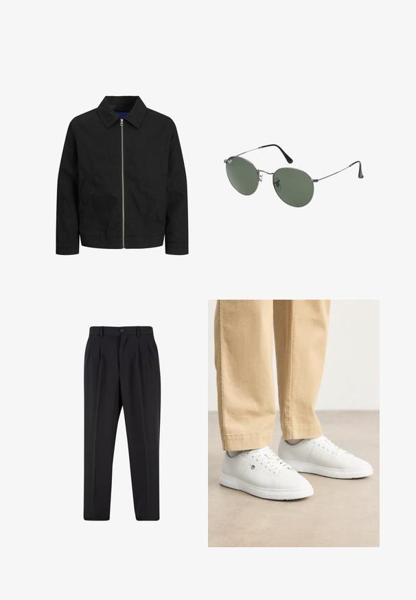 Jachetă neagră dintr-un material ușor, cu guler, fermoar anterior și două buzunare laterale. Design simplu cu croială dreaptă.; Tricou alb din bumbac cu mâneci scurte, decolteu rotund, croială lejeră și fără logo-uri sau modele vizibile. Textură netedă și design minimalist.; Pantaloni negri cu un design față plisată, fabricați dintr-un material neted. Prezintă un închidere cu nasture și brâuri; croială dreptă.; Adidași din piele albă cu finisaj neted, având vârf rotund, design cu șireturi și detalii subtile cu logo pe lateral, asortați cu pantaloni bej.; Ochelari de soare cu ramă metalică, dotati cu lentile ovale verzi. Ramă subțire din metal argintiu și ușițe negre. Design minimalist, fără logo-uri vizibile.