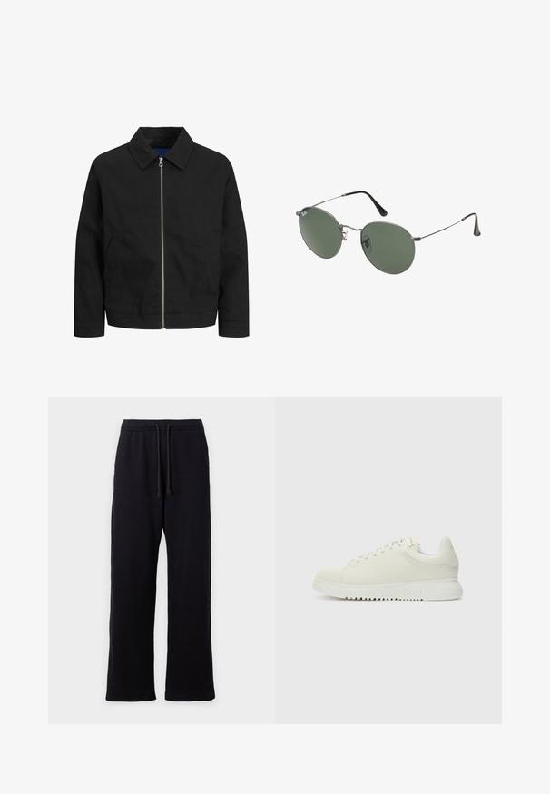 Črna jakna iz lahkotnega materiala, z ovratnikom, sprednjim zadrgo in dvema stranskima žepekoma. Preprost dizajn s ravnim krojem.; Bela bombažna majica s kratkimi rokavi, okroglim izrezom, sproščenim krojem in brez vidnih logotipov ali vzorcev. Gladka tekstura in minimalen dizajn.; Črne trenirke s ravnim krojem, z elastičnim pasom in vrvico za prilagajanje. Mehka, teksturirana tkanina.; Beli usnjeni športni čevlji z teksturiranim zgornjim delom, okroglo konico, ravnim belim podplatom in toniranim vezalkami. Diskretna blagovna znamka na ježku.; Sončna očala z ovalnimi zelenimi lečami v kovinskem okvirju. Tanjši srebrni kovinski okvir in črne ušesne konice. Minimalistična zasnova, brez vidnih logotipov.