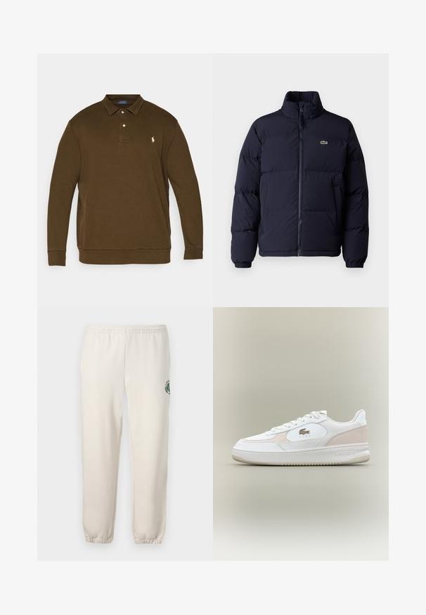 Doudoune bleu marine avec col haut, fermeture éclair et poignets élastiques. Présente un petit logo vert sur le haut du côté gauche de la poitrine.; Polo Ralph Lauren Big & Tall LOOPBACK FLEECE COLLARED SWEATSHIRT - Sweatshirt - dark loden; Pantalon de jogging beige clair en coton, doté d'une taille élastique, de poignets en côtes et d'un logo vert avec un design de feuille sur la jambe gauche.; Baskets blanches avec un dessus en cuir lisse, des accents en daim et une semelle en caoutchouc. Comprend un logo embossé et un design à lacets. Esthétique minimaliste.