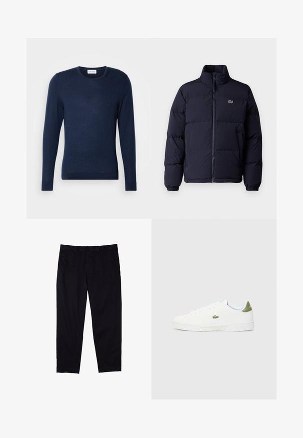 Abrigo puffer azul marino con cuello alto, cierre de cremallera y puños elásticos. Presenta un pequeño logo verde en la parte superior izquierda del pecho.; Suéter de manga larga azul marino, hecho de una tela de punto fino. Presenta un escote redondo y puños acanalados en las mangas y el dobladillo. Logotipo de Calvin Klein visible.; Pantalones negros de algodón con diseño de pierna recta, que cuentan con cierre de botón, bolsillos laterales y una textura suave.; Zapatillas blancas con una textura suave, que presentan un acento verde en el talón y un pequeño logo de cocodrilo bordado en el lateral.