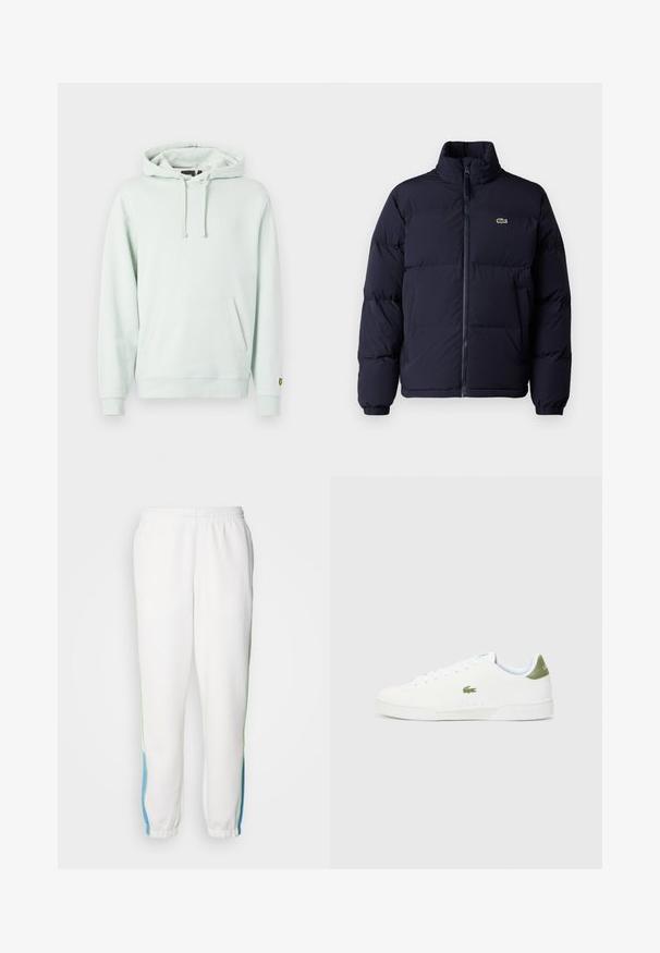 Sötétkék steppelt kabát magas gallérral, cipzáros záródással és elasztikus mandzsettákkal. A bal felső mellrészen egy kis zöld logó található.; Világoszöld kapucnis felső puha anyagból, kenguruzsebbel, húzózsinórral ellátott kapucnival és kis fehér logóval a mellkason. Rugalmas mandzsetták.; Fehér melegítőnadrág, gumis derékkal, zöld és kék oldalsávokkal. Puha anyagból készült, taperált bokarészes kialakítással.; Fehér sportcipő sima textúrával, zöld akcentussal a sarkán, és egy kis hímzett krokodil logóval az oldalán.