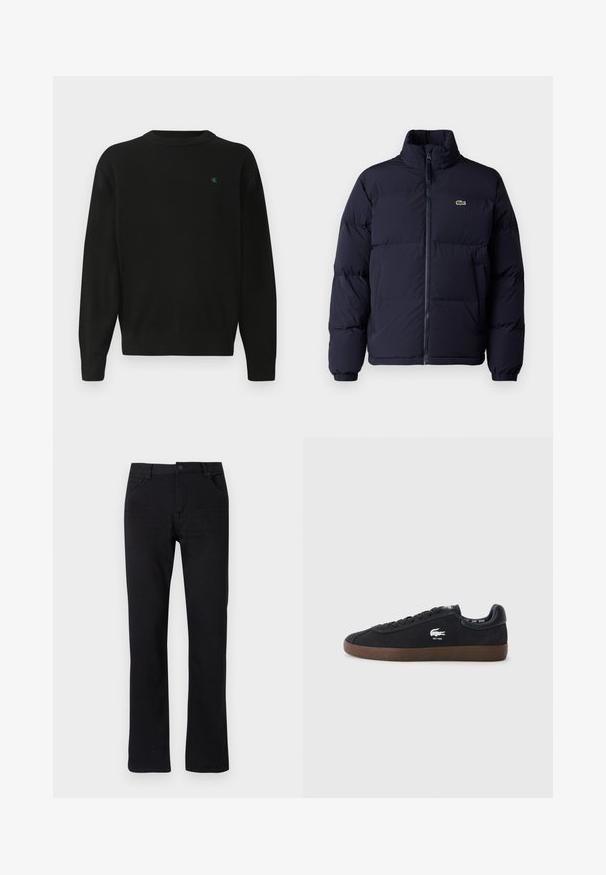 Temno modra puffer jakna z visokim ovratnikom, zadrgo in elastičnimi manšetami. Ima majhen zelen logotip na zgornjem levem prsnem delu.; Črna dukserica s okroglim izrezom, rebrastimi zapestji in robom. Na prsih ima majhen zeleni logotip. Narejena je iz mehkega, lahkega blaga.; Črne ravne jeans hlače iz denima. Imajo zadrgo, pet žepov in subtilno šivanje. Ravna pasnica z zanko za pas.; Črne semiš superge z gumijastim podplatom, okroglo konico, vezalnim sprednjim delom in krokodilovim logotipom na strani. Usnjeni detajli na peti v črni barvi.