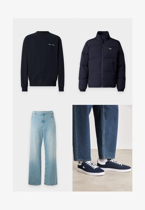 Tumedat sinine puffjaket kõrge krae, lukuga kinnine ja elastsete mansettidega. Üksikasjades on väike roheline logo vasakul rinnal.; Tume meriinovillane dressipluus. Omab ümmargust kaelust, pikki varrukaid ja kahte väikest valget brändi logo vasakul rinna kohal.; Heledad siniste värvi laiad teksad, mis on valmistatud denimist. Omab kõrget vööd, esiseid taskuid ja puhta äärega. Pehme tekstuur koos pleekinud viimistlusega.; Sinised kangast spordijalatsid valgete paelte ja kummitaldadega, eksponeeritud teksatõmblustega pükste ja hallide soonikkudega sokkidega, heledal hallil pinnal.