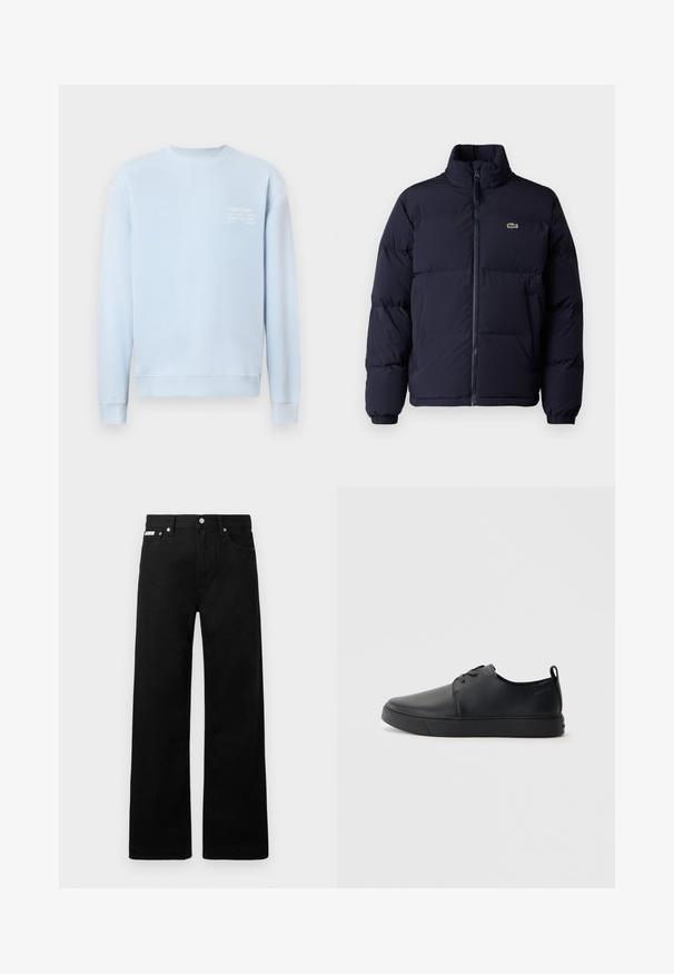 Tums zila pūkaini jaka ar augstu apkakli, ar rāvējslēdzēju un elastīgām piedurknēm. Pieder neliela zaļa logo augšējā kreisajā krūtīs.; Gaiši zila džemperis ar apaļu kakla izgriezumu, ribotiem aprocēm un apakšu. Krūšu daļā balts teksts, kas norāda zīmola un adreses datus.; Melni džinsi ar platajiem bikšu dizainu, ar piecām kabatām un metāla pogām. Gluda tekstūra, bez redzamām rakstu detaļām.; Melnas ādas kedas ar gludu apdari, noapaļota purngala, tonāla šuvēm, auklu fronti un plakanu gumijas zoli. Cilpa pie papēža.