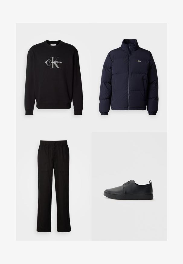 Námořnická modrá péřová bunda s vysokým límcem, zipovým zapínáním a elastickými manžetami. Na levém horním prsu je umístěno malé zelené logo.; Černá mikina s kulatým výstřihem, dlouhými rukávy a předním logem s nápisem „Calvin Klein“ v bílé a stříbrné barvě. Měkká textura látky.; Černé kalhoty s uvolněným střihem, vyrobené z lehké tkaniny. Mají elastický pas, knoflíkový uzávěr a dvě přední kapsy.; Černé kožené tenisky s hladkým povrchem, zaoblenou špičkou, tónovým prošíváním, šněrovacím uzávěrem a plochou gumovou podrážkou. Očko na patě.