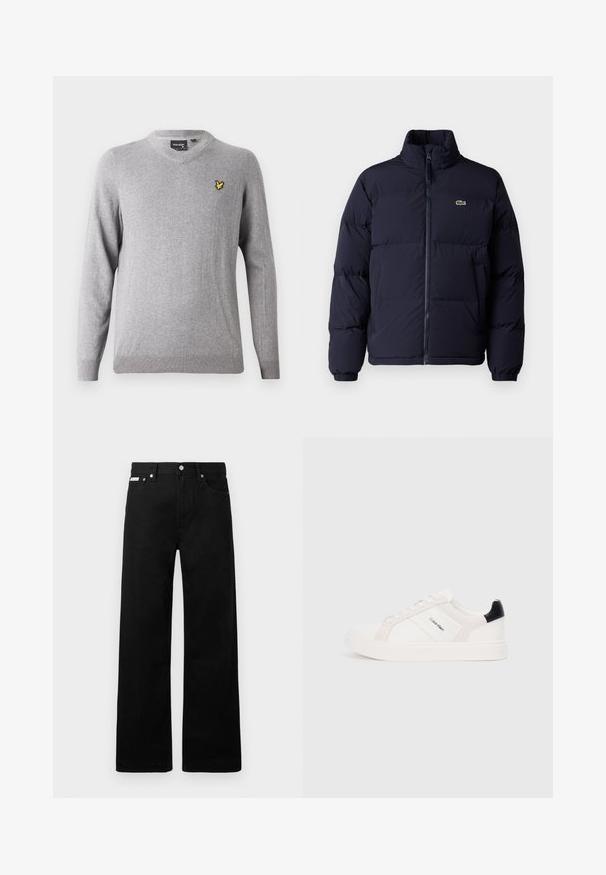 Tumedat sinine puffjaket kõrge krae, lukuga kinnine ja elastsete mansettidega. Üksikasjades on väike roheline logo vasakul rinnal.; Halli villasest V-kaelusega džemper tekstuurse viimistluse ja soonikkoega varrukate otstega, millel on väike kollane rinnal tikitud logo.; Mustadest denimist püksid laiade jalgadega, viie tasku ja metallist nööpidega. Sile tekstuur, nähtavad mustrid puuduvad.; Valge tossud heleda roosa ja musta aktsendiga, mis sisaldavad sileda naha ja nubukpaneele, ümarat varvust ja lamedat kummitalda.