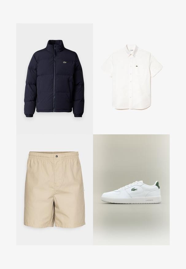 Námořnická modrá péřová bunda s vysokým límcem, zipovým zapínáním a elastickými manžetami. Na levém horním prsu je umístěno malé zelené logo.; Košile z bílé bavlny s krátkým rukávem a límcem na knoflíky, vybavená náprsní kapsou a malým zeleným krokodýlem umístěným na levé straně.; Béžové plavkové šortky s elastickým páskem, předním zapínáním na druk a božním štítkem s logem. Vyrobeno z lehkého, hladkého materiálu s volným střihem.; Bílé kožené tenisky s hladkým povrchem, zelenými akcenty na patě a zeleným logem na boku. Mají plochou podrážku a kulatou špičku.