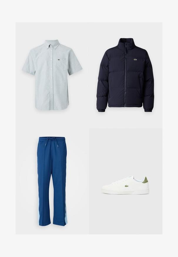 Navyblauwe pufferjack met een hoge kraag, ritssluiting en elastische manchetten. Heeft een klein groen logo op de linker bovenborst.; Korte mouwen overhemd met knopen in lichtblauwe stof, voorzien van een puntig kraag, een borstzak en een klein iconisch logo op de borst.; Marineblauwe sportbroek van zachte stof, met een elastische tailleband en lichtblauwe zijkanten met een subtiel patroon.; Witte sneakers met een gladde textuur, voorzien van een groene accent bij de hiel en een klein geborduurd krokodillenlogo aan de zijkant.