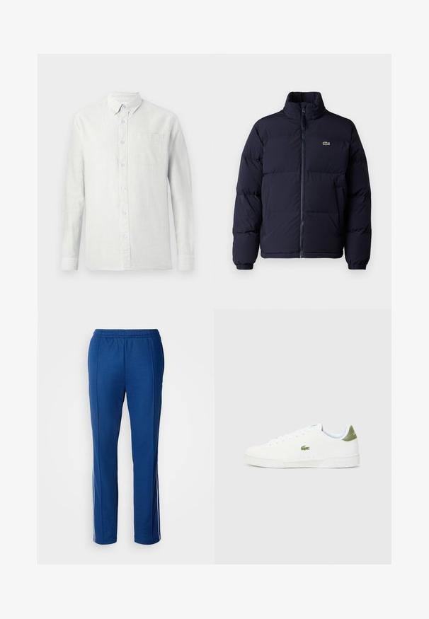 Námornícka modrá puffová bunda s vysokým golierom, zipsom a elastickými manžetami. Obsahuje malé zelené logo na hornej ľavej časti hrudi.; Svetlý, dlhý rukáv, košeľa s vertikálnymi pruhmi, s knoflíkovým golierom a náprsného vrecka. Tkanina sa javí ako textúrovaná s jemným povrchom.; Lacoste Tepláky - globe; Biele tenisky s hladkým povrchom, s zeleným akcentom na päte a malým vyšitým logom krokodíla na boku.