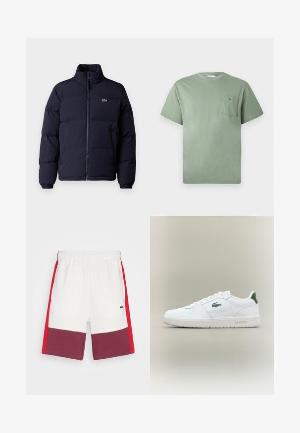 Granatowa kurtka puchowa z wysokim kołnierzem, zapinana na zamek, z elastycznymi mankietami. Posiada małe zielone logo na górnej części lewej piersi.; Jasnozielona, krótko rękawowa koszulka z bawełny z kieszenią na piersi z małym wyszywanym logo krokodyla.; Lacoste - Spodnie treningowe; Białe skórzane trampki o gładkim wykończeniu, z zielonymi akcentami na pięcie i zielonym logo z boku. Posiadają płaską podeszwę i okrągły czubek.