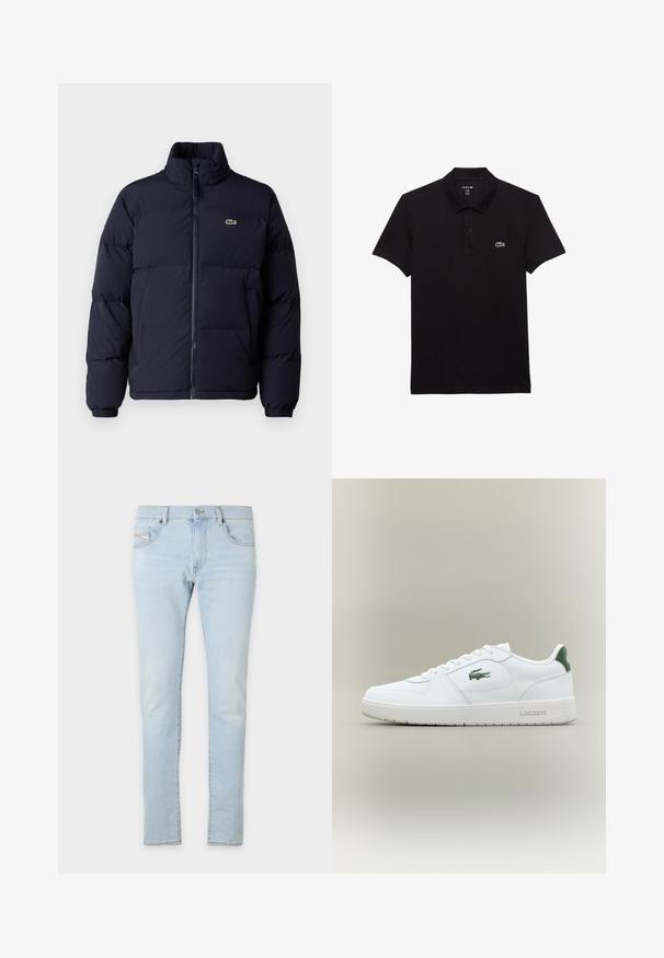 Mörkblå puffjacka med hög krage, dragkedjestängning och elastiska ärmmuddar. Har en liten grön logotyp på övre vänstra bröstet.; Svart kortärmad pikétröja i bomull med klassisk krage. Inkluderar en liten vit Lacoste-krokodil-logotyp på bröstet.; Ljusblå denimjeans med smal passform, med fram- och bakfickor samt lätt slitage på tyget för textur.; Vita lädersneaker med en slät yta, gröna detaljer på hälen och en grön logotyp på sidan. Har en platt sula och rund tå.