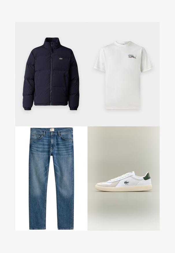 Giacca piumino blu navy con collo alto, chiusura con zip e polsini elasticizzati. Presenta un piccolo logo verde sul lato sinistro del petto.; T-shirt bianco in cotone con scollatura rotonda, maniche corte e un piccolo logo ricamato che raffigura montagne e testo sul lato sinistro del petto.; Jeans in denim blu con taglio straight, caratterizzati da cinque tasche, chiusura con bottone e leggera sbiaditura su tutta la stoffa per aggiungere texture.; Sneaker bianca con accenti verdi, materiali in suede e pelle, punta arrotondata, suola testurizzata e logo ricamato sui lati e sulla linguetta.