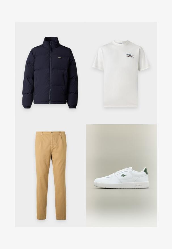 Navy blue puffer jacket with a high collar, zip closure, and elastic cuffs. Features a small green logo on the upper left chest.; White cotton T-shirt with a round neckline, short sleeves, and a small embroidered logo featuring mountains and text on the left chest.; Beige cotton trousers with a straight leg design, featuring a zip fly and button closure, and pockets on the front and back.; White leather sneaker with a smooth finish, green accents on the heel, and a green logo on the side. Features a flat sole and round toe.