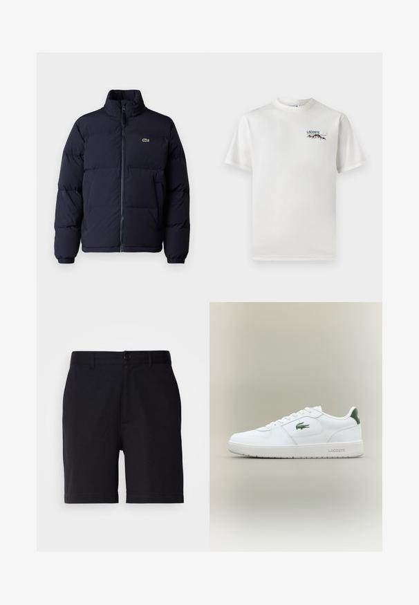 Giacca piumino blu navy con collo alto, chiusura con zip e polsini elasticizzati. Presenta un piccolo logo verde sul lato sinistro del petto.; T-shirt bianco in cotone con scollatura rotonda, maniche corte e un piccolo logo ricamato che raffigura montagne e testo sul lato sinistro del petto.; Pantaloni corti neri realizzati in tessuto misto cotone, con una vestibilità classica, tasche frontali e chiusura con bottone in vita.; Sneaker bianco in pelle con una finitura liscia, dettagli verdi sul tallone e un logo verde sul lato. Presenta una suola piatta e una punta rotonda.