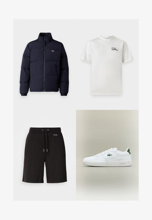 Meren värinen pumpattu takki korkealla kauluksella, vetoketjulla ja elastisilla hihansuilla. Takissa on pieni vihreä logo vasemmassa rintataskussa.; Valkoinen puuvillainen T-paita, jossa on pyöreä pääntie, lyhyet hihat ja pieni brodeerattu logo, jossa on vuoria ja teksti vasemmalla rintapielessä.; Mustat puuvillashortsit, joissa on naruvyötärö ja hopeanväriset yksityiskohdat. Valkoisella logotekstillä varustettuna niissä on sileä pinta ja rento istuvuus.; Valkoinen nahkakenkä sileällä pinnalla, vihreät yksityiskohdat kantapäässä ja vihreä logo sivussa. Varustettu tasaisella pohjalla ja pyöreällä kärjellä.