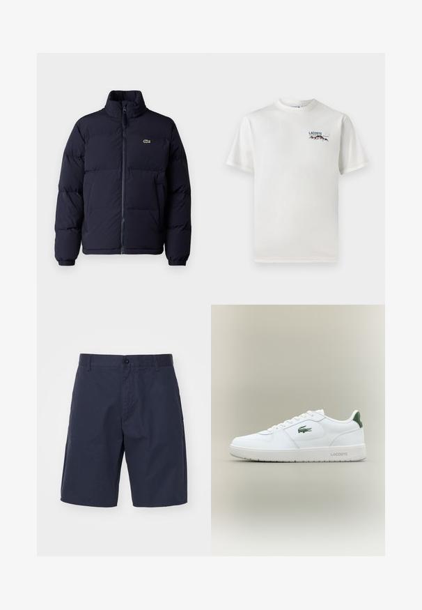 Sötétkék steppelt kabát magas gallérral, cipzáros záródással és elasztikus mandzsettákkal. A bal felső mellrészen egy kis zöld logó található.; Fehér pamut póló kerek nyakkivágással, rövid ujjal és egy kis gépi hímzésű logóval, amely hegyeket és szöveget ábrázol a bal mellen.; Sötétkék, könnyű anyagból készült rövidnadrág, gombos zárással, oldalsó zsebekkel, egyenes szabású és látható varrási részletekkel.; Fehér bőr sneaker sima felülettel, zöld akcentussal a saroknál, és zöld logóval az oldalon. Lapos talpa és kerek orra van.