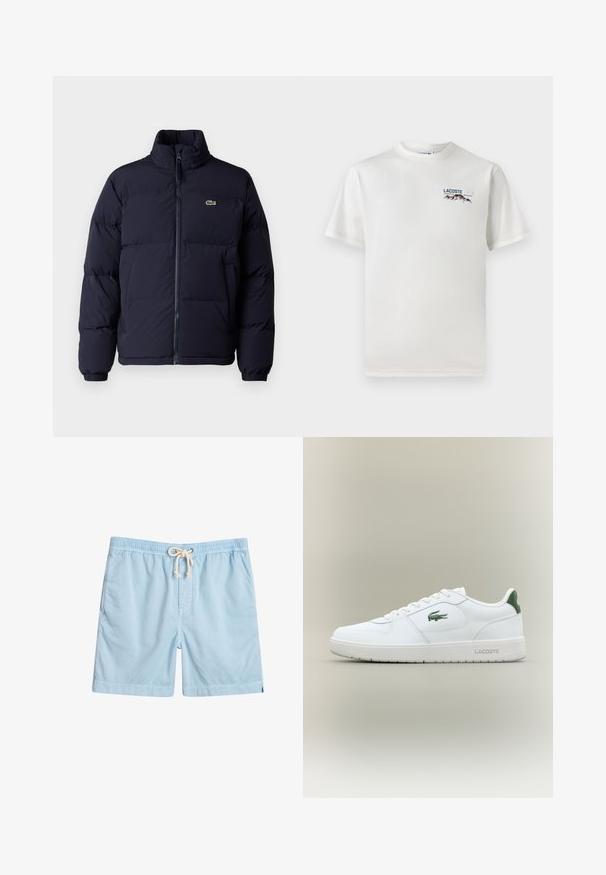 Casaco puffer azul-marinho com um colarinho alto, fecho de zíper e punhos elásticos. Apresenta um pequeno logótipo verde no lado superior esquerdo do peito.; T-shirt de algodão branco com decote redondo, mangas curtas e um pequeno logótipo bordado apresentando montanhas e texto no lado esquerdo do peito.; Calções de banho azul claro feitos de um tecido suave, com um cós elástico, bolsos frontais e um cordão para ajuste.; Sapatilha de couro branca com um acabamento suave, detalhes verdes no calcanhar e um logótipo verde na lateral. Apresenta sola plana e bico redondo.