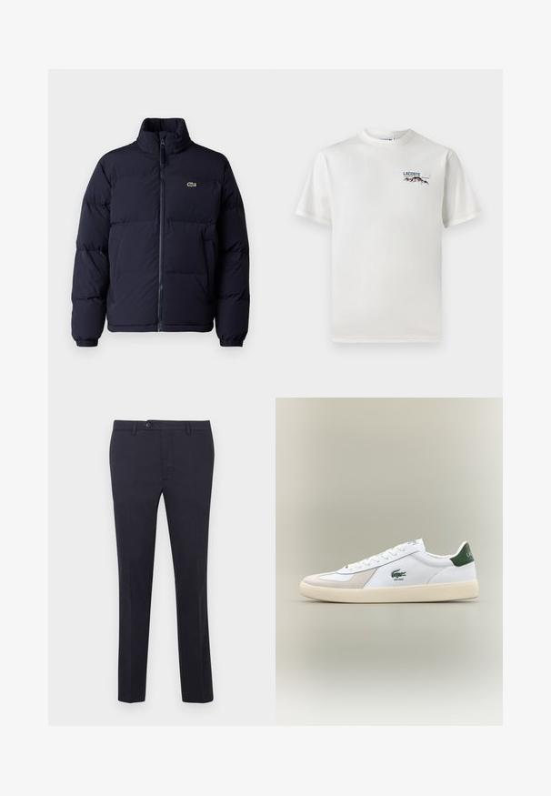 Casaco puffer azul-marinho com um colarinho alto, fecho de zíper e punhos elásticos. Apresenta um pequeno logótipo verde no lado superior esquerdo do peito.; T-shirt de algodão branco com decote redondo, mangas curtas e um pequeno logótipo bordado apresentando montanhas e texto no lado esquerdo do peito.; Calças de algodão azul-marinho com corte recto, apresentando fecho de botão, passadores para cinto, e sem padrões ou detalhes visíveis.; Sapatilha branca com pormenores verdes, materiais em camurça e pele, bico arredondado, sola texturizada e logótipo bordado na lateral e na língua.