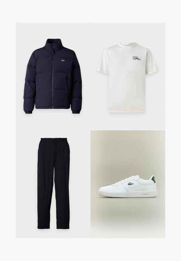 Sötétkék steppelt kabát magas gallérral, cipzáros záródással és elasztikus mandzsettákkal. A bal felső mellrészen egy kis zöld logó található.; Fehér pamut póló kerek nyakkivágással, rövid ujjal és egy kis gépi hímzésű logóval, amely hegyeket és szöveget ábrázol a bal mellen.; Libertine-Libertine ALIVE - Nadrágok - dark navy; Fehér bőr sneaker sima felülettel, zöld akcentussal a saroknál, és zöld logóval az oldalon. Lapos talpa és kerek orra van.