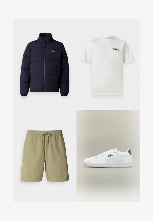 Sötétkék steppelt kabát magas gallérral, cipzáros záródással és elasztikus mandzsettákkal. A bal felső mellrészen egy kis zöld logó található.; Fehér pamut póló kerek nyakkivágással, rövid ujjal és egy kis gépi hímzésű logóval, amely hegyeket és szöveget ábrázol a bal mellen.; Olíva zöld, pamut anyagú rövidnadrág, rugalmas derékrésszel és zsinórral, oldalsó zsebekkel és egyenes szabással. Sima textúra.; Fehér bőr sneaker sima felülettel, zöld akcentussal a saroknál, és zöld logóval az oldalon. Lapos talpa és kerek orra van.