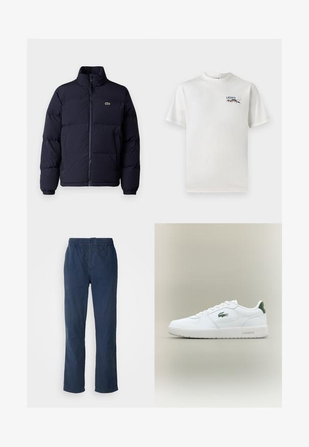 Námořnická modrá péřová bunda s vysokým límcem, zipovým zapínáním a elastickými manžetami. Na levém horním prsu je umístěno malé zelené logo.; Bílá bavlněná tričko s kulatým výstřihem, krátkými rukávy a malým vyšitým logem zobrazujícím hory a text na levé straně hrudi.; Námořnické modré kalhoty s elastickým pasem a knoflíkovým zapínáním, rovný střih, vyrobené z lehkého, hladkého materiálu, bez viditelných vzorů.; Bílé kožené tenisky s hladkým povrchem, zelenými akcenty na patě a zeleným logem na boku. Mají plochou podrážku a kulatou špičku.