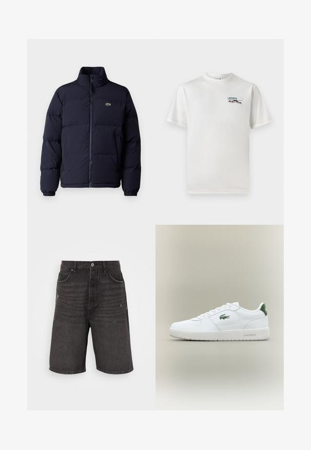 Doudoune bleu marine avec col haut, fermeture éclair et poignets élastiques. Présente un petit logo vert sur le haut du côté gauche de la poitrine.; T-shirt en coton blanc avec un col rond, des manches courtes et un petit logo brodé représentant des montagnes et un texte sur le côté gauche de la poitrine.; Shorts en denim noir avec une coupe décontractée, dotés de poches avant, d'une texture vieilli et d'une taille classique avec une fermeture à bouton unique.; Baskets en cuir blanc avec une finition lisse, accents verts au niveau du talon et un logo vert sur le côté. Présente une semelle plate et un bout rond.