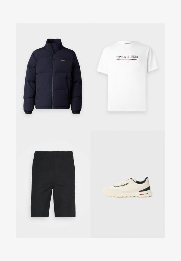 Casaco puffer azul-marinho com um colarinho alto, fecho de zíper e punhos elásticos. Apresenta um pequeno logótipo verde no lado superior esquerdo do peito.; T-shirt de algodão branco com o logótipo "TOMMY HILFIGER" em preto com uma linha de acento vermelha, gola redonda e mangas curtas.; Bermudas de algodão pretas com um corte reto, passantes para cinto e um acabamento de bainha limpa. Apresenta bolsos frontais ocultos e uma textura suave.; Sapatilha de cor creme com parte superior em camurça texturizada, detalhes em preto e sola de borracha chunky com uma faixa nas cores vermelho, branco e azul.