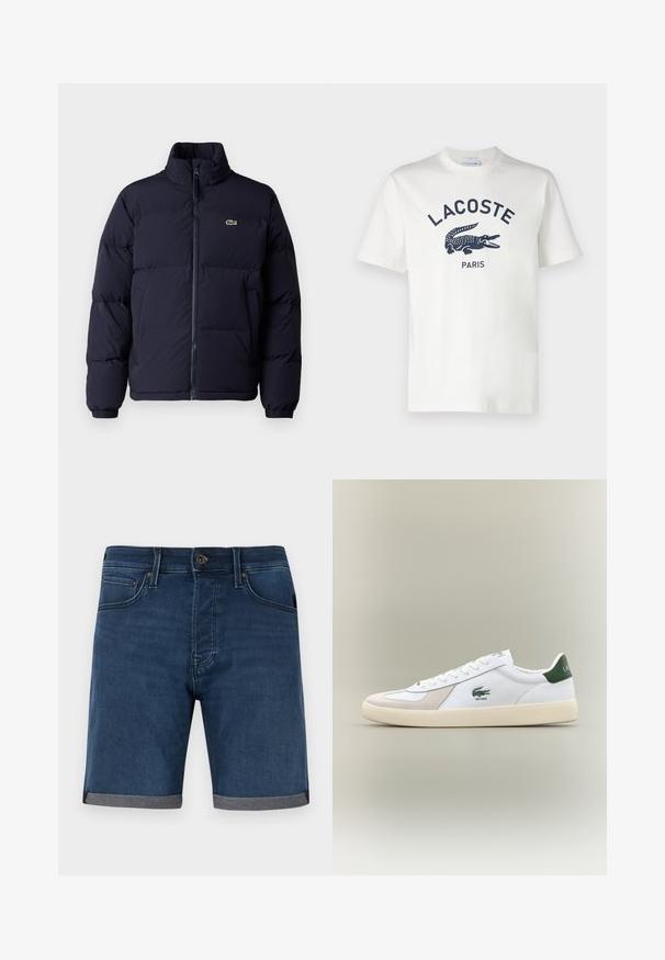 Giacca piumino blu navy con collo alto, chiusura con zip e polsini elasticizzati. Presenta un piccolo logo verde sul lato sinistro del petto.; T-shirt bianco in cotone a maniche corte, con logo Lacoste blu navy e grafica di coccodrillo centrata sul petto. Tessuto morbido.; Shorts in denim blu scuro con orlo grigio arrotolato. Presentano un classico design a cinque tasche e una chiusura con bottone in vita.; Sneaker bianca con accenti verdi, materiali in suede e pelle, punta arrotondata, suola testurizzata e logo ricamato sui lati e sulla linguetta.