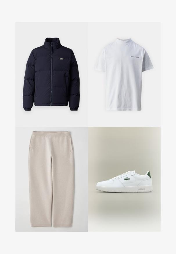 Marineblauer Daunenjacke mit hohem Kragen, Reißverschluss und elastischen Bündchen. Auf der oberen linken Brust befindet sich ein kleines grünes Logo.; Weißes Baumwoll-T-Shirt mit hohem Ausschnitt und kurzen Ärmeln. Mit schwarzem "SAMSØE SAMSØE" Logo auf der Vorderseite. Glatte Textur.; Beige Jogginghose aus weichem Stoff, mit einem breiten Bund, seitlichen Taschen und schmal zulaufenden Beinen für eine lässige Passform.; Weiße Leder-Sneaker mit glatter Oberfläche, grünen Akzenten an der Ferse und einem grünen Logo an der Seite. Verfügt über eine flache Sohle und eine runde Zehenform.