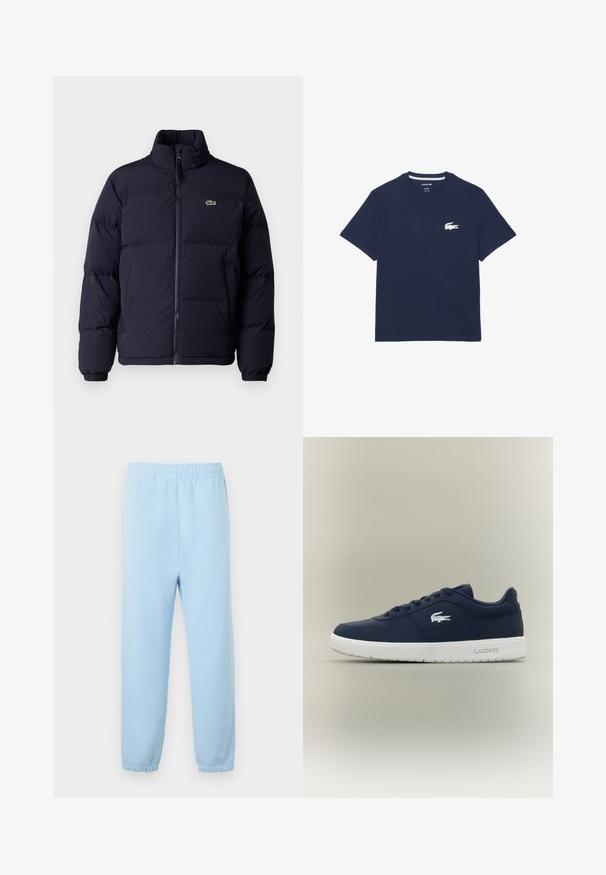 Mørkeblå puffjakke med høj krave, lynlås lukning og elastiske manchetter. Har et lille grønt logo på øverste venstre bryst.; Mørkeblå bomulds t-shirt med korte ærmer, rund halsudskæring og et hvidt broderet krokodille-logo på venstre bryst. Almindelig pasform.; Lysblå svedbuxer med elastisk talje, ribbede afslutninger og en blød tekstur. Minimalistisk design uden mønstre eller udsmykninger.; Marineblå sneakers lavet af glat syntetisk materiale, med hvid gummisål, snørebåndsdesign og Lacoste krokodille-logo på siden.
