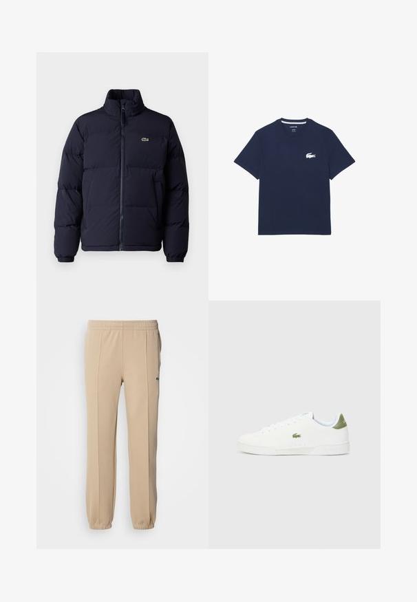 Navy blue puffer jacket with a high collar, zip closure, and elastic cuffs. Features a small green logo on the upper left chest.; Navy blue cotton t-shirt with short sleeves, crew neckline, and a white embroidered crocodile logo on the left chest. Regular fit.; Lacoste Tracksuit bottoms - viennese; White sneakers with a smooth texture, featuring a green accent at the heel and a small embroidered crocodile logo on the side.