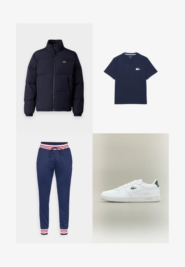 Navy blue puffer jacket with a high collar, zip closure, and elastic cuffs. Features a small green logo on the upper left chest.; Navy blue cotton t-shirt with short sleeves, crew neckline, and a white embroidered crocodile logo on the left chest. Regular fit.; Navy sweatpants with red and white striped waistband, drawstring closure, tapered legs, side pockets, and small logo detail on thigh.; White leather sneaker with a smooth finish, green accents on the heel, and a green logo on the side. Features a flat sole and round toe.