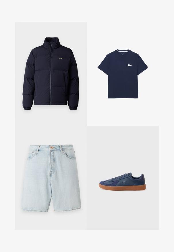Sötétkék steppelt kabát magas gallérral, cipzáros záródással és elasztikus mandzsettákkal. A bal felső mellrészen egy kis zöld logó található.; Sötétkék pamut póló rövid ujjakkal, kerek nyakkivágással, és fehér hímzett krokodil logóval a bal mellen. Normál szabású.; Világoskék farmer rövidnadrág magas derekú kialakítással, öt zsebes dizájnnal és kontrasztos varrással. Klasszikus gombos és cipzáras záródással rendelkezik.; Tengerészeti kék sneaker bőrből és hasított bőrből készült, gumitalppal, kerek orral és fűzős záródással, az oldalon márkázási részlettel.