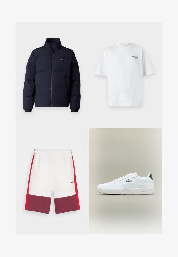 Navy blue puffer jacket with a high collar, zip closure, and elastic cuffs. Features a small green logo on the upper left chest.; White cotton t-shirt with short sleeves, featuring "Jeu Set et Match" text and a small green logo on the left chest. Classic fit.; Lacoste ELEVATED COLORBLOCK - Tracksuit bottoms - flour/red-spleen; White leather sneaker with a smooth finish, green accents on the heel, and a green logo on the side. Features a flat sole and round toe.