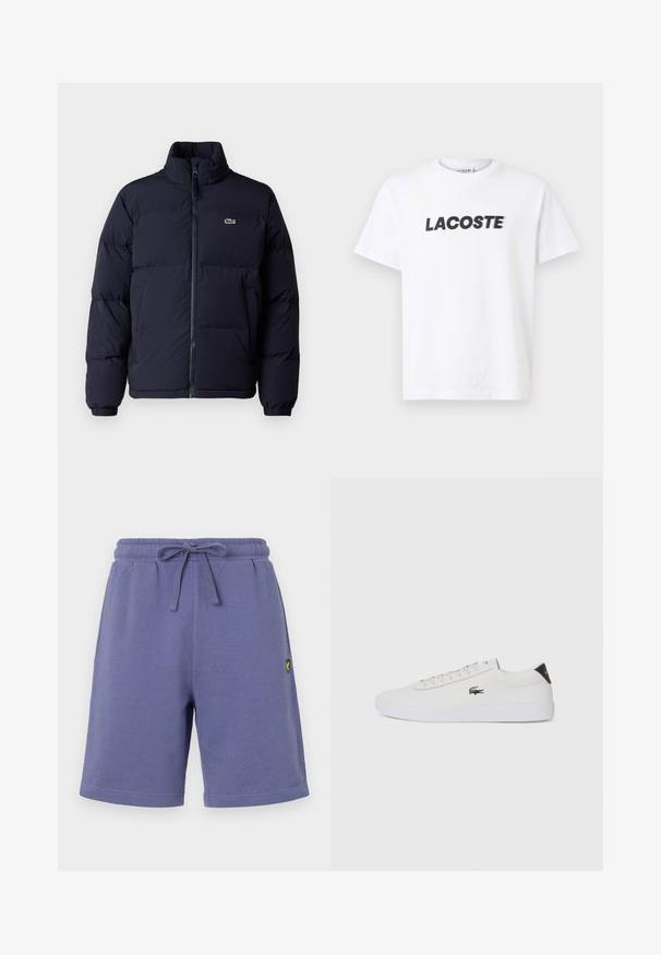 Abrigo puffer azul marino con cuello alto, cierre de cremallera y puños elásticos. Presenta un pequeño logo verde en la parte superior izquierda del pecho.; Camiseta de algodón blanca con un destacado logotipo negro de "LACOSTE" en el pecho. Diseño de manga corta y cuello redondo.; Pantalones cortos de algodón morados con cintura elástica y cordón. Cuenta con bolsillos laterales y un pequeño logo amarillo en la pierna izquierda.; Zapatilla de cuero blanca con punta redonda, parte frontal con cordones y acento negro en el talón. Presenta un pequeño logo de cocodrilo bordado en el lateral.