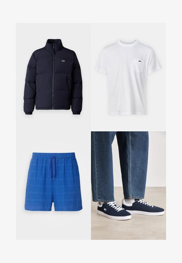 Navy blue puffer jacket with a high collar, zip closure, and elastic cuffs. Features a small green logo on the upper left chest.; White cotton t-shirt with a round neckline and short sleeves. Features a left chest pocket and a small green Lacoste logo.; Blue textured shorts featuring a grid pattern, an elastic waistband with a drawstring, and a loose fit for comfort.; Blue canvas sneakers with white laces and rubber soles, displayed with denim trousers and grey ribbed socks, on a light grey surface.
