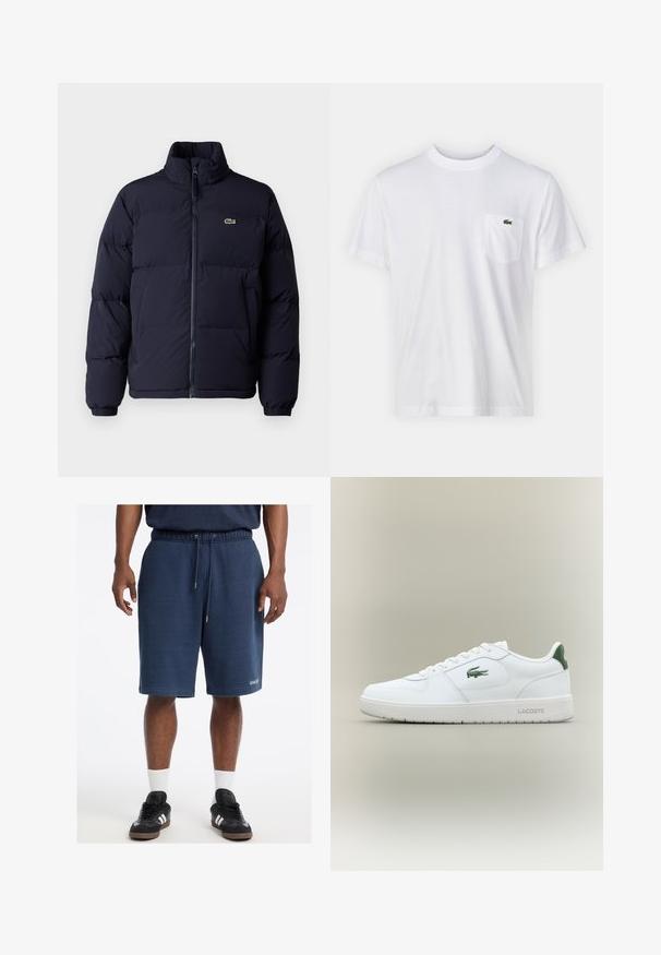 Navyblauwe pufferjack met een hoge kraag, ritssluiting en elastische manchetten. Heeft een klein groen logo op de linker bovenborst.; Witte katoenen t-shirt met een ronde halslijn en korte mouwen. Beschikt over een linkerkant borstzakje en een klein groen Lacoste-logo.; Marineblauwe katoenen shorts met een elastische tailleband, trekkoord, zijzakken en het "GUESS" logo op de voorkant van de zoom.; Witte leren sneaker met een gladde afwerking, groene accenten op de hak en een groen logo aan de zijkant. Beschikt over een platte zool en een ronde neus.