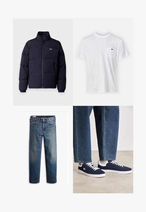 Casaco puffer azul-marinho com um colarinho alto, fecho de zíper e punhos elásticos. Apresenta um pequeno logótipo verde no lado superior esquerdo do peito.; T-shirt de algodão branco com decote redondo e mangas curtas. Apresenta um bolso no lado esquerdo do peito e um pequeno logótipo verde da Lacoste.; Jeans de denim azuis de perna reta com design clássico de cinco bolsos, fecho de botão e um leve desbotado nas coxas e joelhos.; Sapatilhas de tela azuis com atacadores brancos e solas de borracha, exibidas com calças de ganga e meios cinza canelados, sobre uma superfície cinza clara.