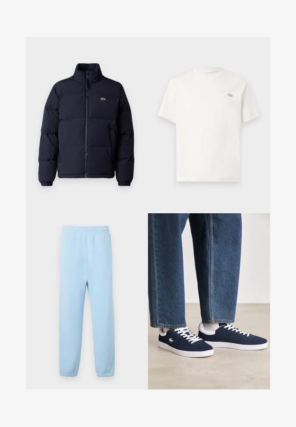 Tums zila pūkaini jaka ar augstu apkakli, ar rāvējslēdzēju un elastīgām piedurknēm. Pieder neliela zaļa logo augšējā kreisajā krūtīs.; Balts kokvilnas T-krekls ar īsām piedurknēm, kuram ir smalka izšūta logo un minimālisma dizains. Mīksta tekstūra, apaļa kakla izgriezums.; Gaiši zili sporta bikses ar elastīgu jostasvītru, ar piedurknēm un mīkstu tekstūru. Minimalistisks dizains, bez rakstiem vai rotājumiem.; Zili auduma sporta apavi ar baltām stīgām un gumijas zolēm, izlikti kopā ar džinsiem un pelēkām ribotām zeķēm, uz gaiši pelēka pamata.