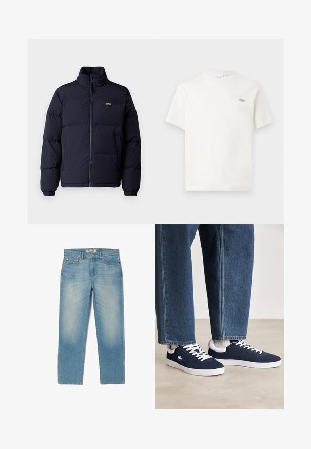 Tamnoplavi zimski kaput sa visokim ovratnikom, zatvaranjem na zip i elastičnim manžetama. Ima mali zeleni logo na gornjem lijevom dijelu prsiju.; Bijela pamučna majica s kratkim rukavima, s diskretnim izvezenim logom i minimalističkim dizajnom. Mekana tekstura, okrugli izrez.; Svijetloplavi traperice s ravnim nogavicama, pet džepova i malo izblijedjelim pranjem. Imaju srebrne metalne dijelove i oznaku na pojasu s brendom.; Plave platnene tenisice s bijelim vezicama i gumenim potplatima, prikazane s traper hlačama i sivim rebrastim čarapama, na svijetlosivoj površini.