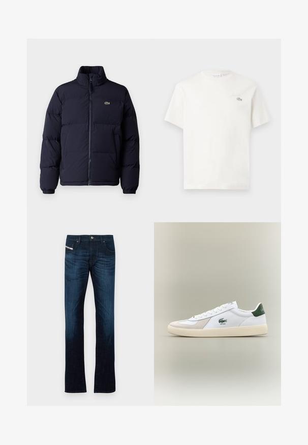 Jachetă puf navy blue cu guler înalt, închidere cu fermoar și manșete elastice. Prezintă un mic logo verde pe partea stângă a pieptului.; Tricou alb din bumbac, cu mâneci scurte, având un logo brodat subtil și un design minimal. Textură moale, gât rotund.; Jeanși drepti de culoare albastru închis, cu buzunare frontale, bucle pentru curea, închidere cu nasture și detalii subtile de decolorare pe coapse și genunchi.; Adidași albi cu accente verzi, din suede și piele, cu vârf rotunjit, talpă texturată și logo brodat pe lateral și pe limbă.