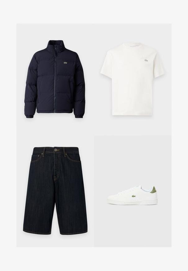 Sötétkék steppelt kabát magas gallérral, cipzáros záródással és elasztikus mandzsettákkal. A bal felső mellrészen egy kis zöld logó található.; Fehér pamut póló rövid ujjakkal, diszkrét hímzett logóval és minimalista designnal. Puha tapintású, kerek nyakkivágású.; Sötét denim rövidnadrág egyenes szabással, sárga varrással, öt zsebbel és elöl gombos záródással. Simább textúra.; Fehér sportcipő sima textúrával, zöld akcentussal a sarkán, és egy kis hímzett krokodil logóval az oldalán.