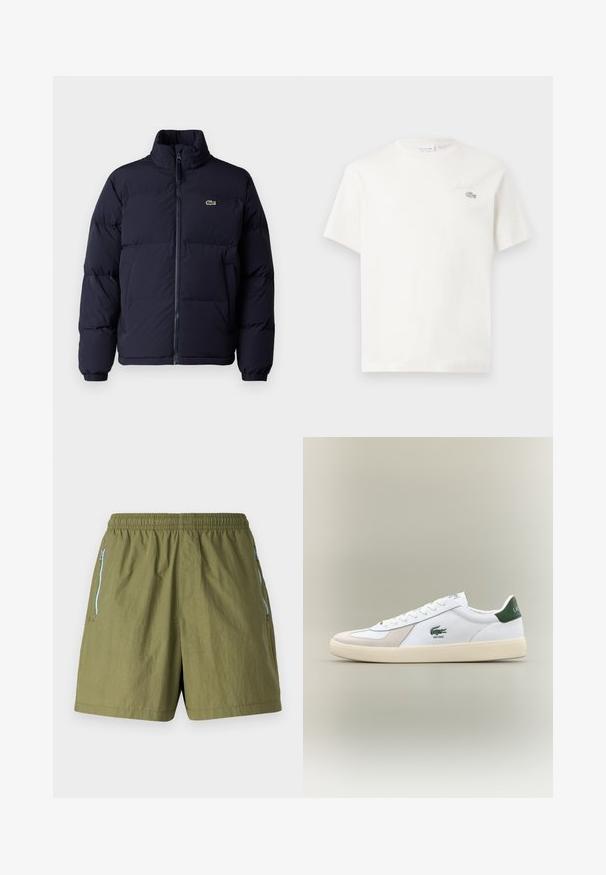 Tums zila pūkaini jaka ar augstu apkakli, ar rāvējslēdzēju un elastīgām piedurknēm. Pieder neliela zaļa logo augšējā kreisajā krūtīs.; Balts kokvilnas T-krekls ar īsām piedurknēm, kuram ir smalka izšūta logo un minimālisma dizains. Mīksta tekstūra, apaļa kakla izgriezums.; Olīvu zaļās šortos ar elastīgu jostasvietu, sānu rāvējslēdzēja kabatām un viegla, struktūrēta auduma.; Baltie sporta apavi ar zaļiem akcentiem, izgatavoti no zamša un ādas, ar noapaļotu purngalu, teksturētu zoli un izšūtu logotipu sānos un uz mēles.