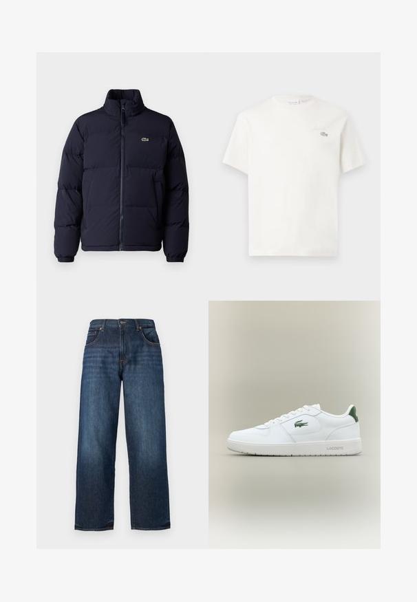 Abrigo puffer azul marino con cuello alto, cierre de cremallera y puños elásticos. Presenta un pequeño logo verde en la parte superior izquierda del pecho.; Camiseta blanca de algodón con mangas cortas, que presenta un sutil logo bordado y un diseño minimalista. Textura suave, escote de cuello redondo.; Vaqueros de mezclilla de un azul oscuro con un diseño de pierna recta, costuras visibles, cinco bolsillos y un cierre de botón en la cintura. Textura suave.; Zapatilla de cuero blanca con un acabado suave, acentos verdes en el talón y un logotipo verde en el lateral. Presenta una suela plana y una puntera redonda.