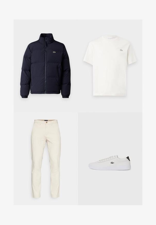 Sötétkék steppelt kabát magas gallérral, cipzáros záródással és elasztikus mandzsettákkal. A bal felső mellrészen egy kis zöld logó található.; Fehér pamut póló rövid ujjakkal, diszkrét hímzett logóval és minimalista designnal. Puha tapintású, kerek nyakkivágású.; DOCKERS SMART FLEX MOTION SLIM - Vászonnadrágok - sahara khaki; Fehér bőr sportcipő kerek orral, fűzős elülső résszel és fekete sarok akcentussal. Oldalán egy kis hímzett krokodil logóval rendelkezik.