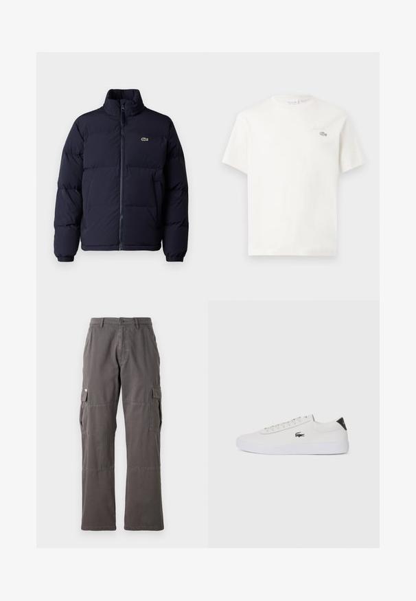 Sötétkék steppelt kabát magas gallérral, cipzáros záródással és elasztikus mandzsettákkal. A bal felső mellrészen egy kis zöld logó található.; Fehér pamut póló rövid ujjakkal, diszkrét hímzett logóval és minimalista designnal. Puha tapintású, kerek nyakkivágású.; Szürke cargo nadrág, egyenes szabású dizájnnal, több oldalsó zsebbel és gombos záródással a derékrésznél. Tartós anyagból készült.; Fehér bőr sportcipő kerek orral, fűzős elülső résszel és fekete sarok akcentussal. Oldalán egy kis hímzett krokodil logóval rendelkezik.